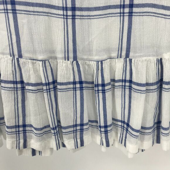 LOFT Top Womens XS Blue White Plaid Peplum Roll Tab Long Sleeve Round Neck - Picture 5 of 11